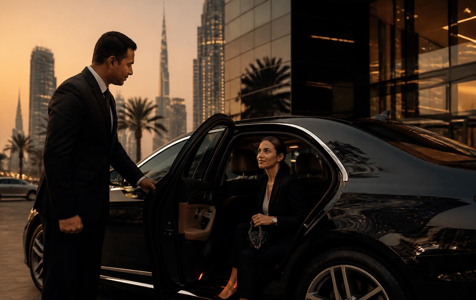 Chauffeur opening the rear door of a luxury car for a client in Dubai