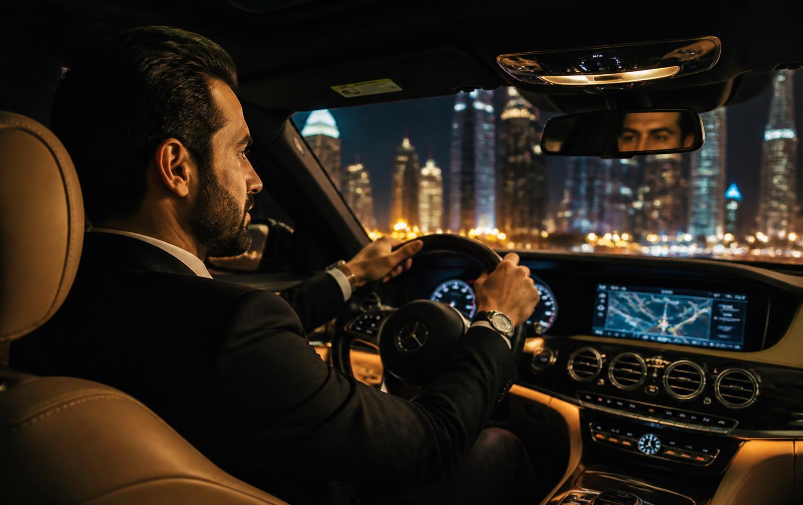 Professional safe driver in a suit driving a luxury car through Dubai at night
