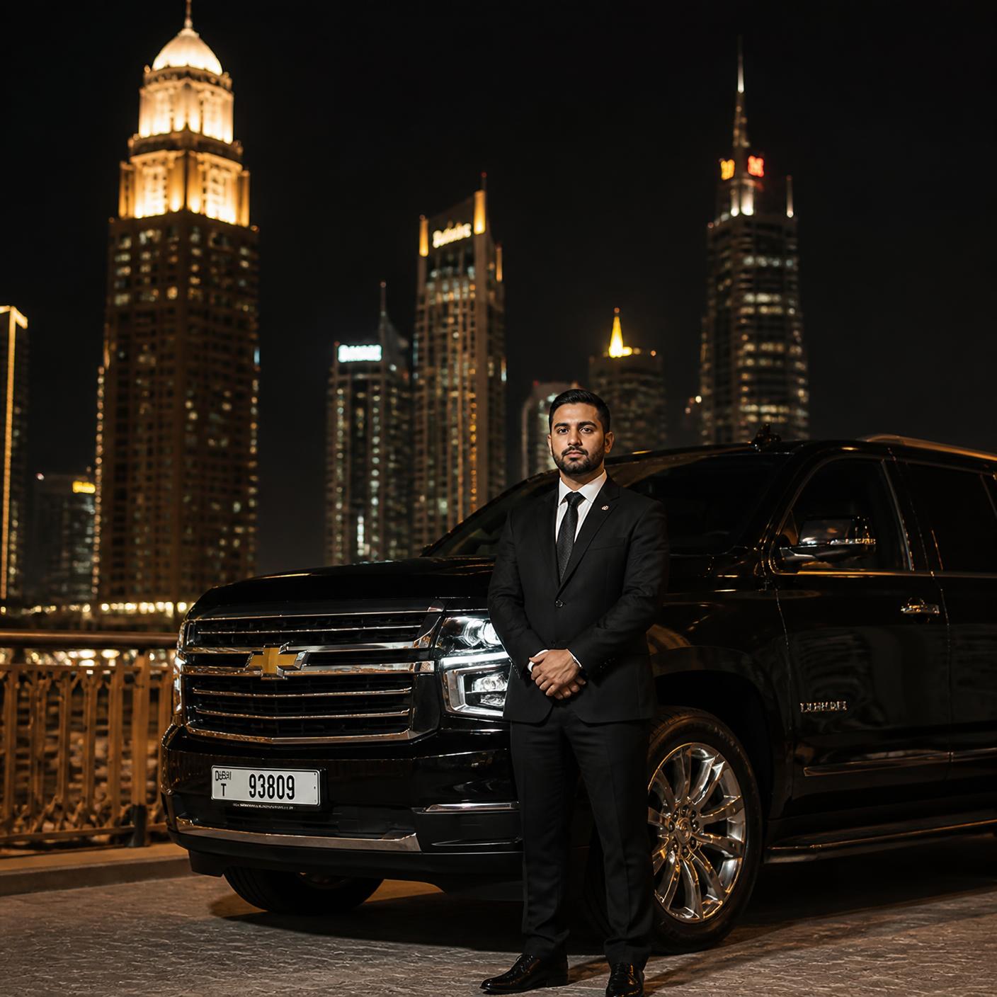 Professional safe driver standing beside a luxury vehicle in Dubai