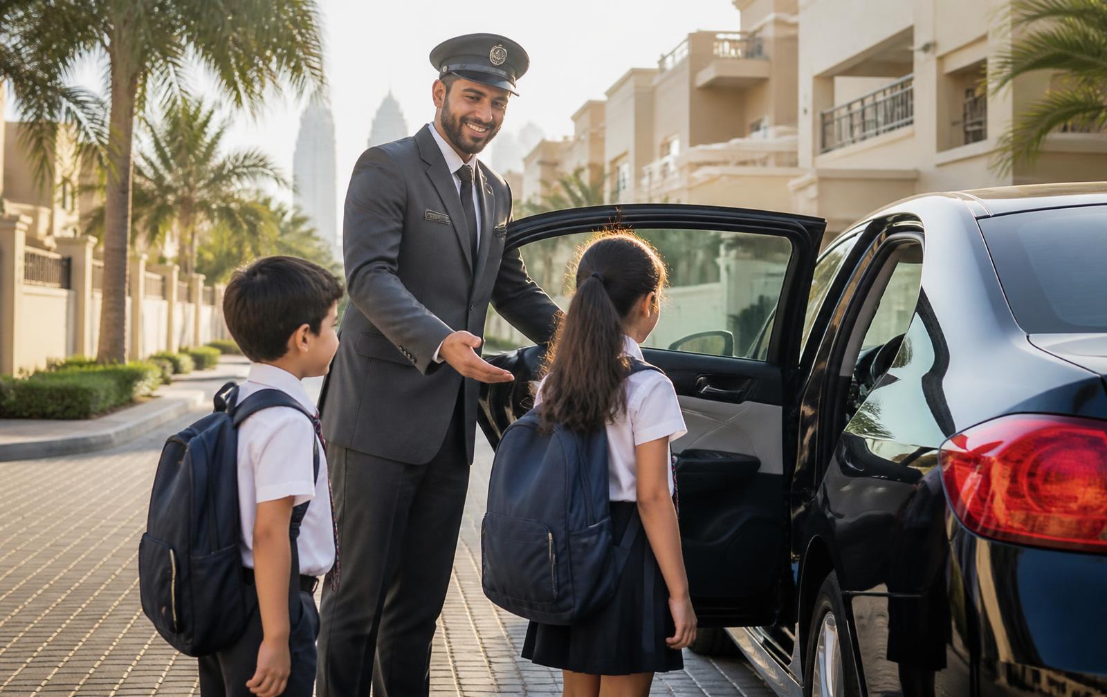 Driver helping school children into a car for a safe school pick and drop in Dubai